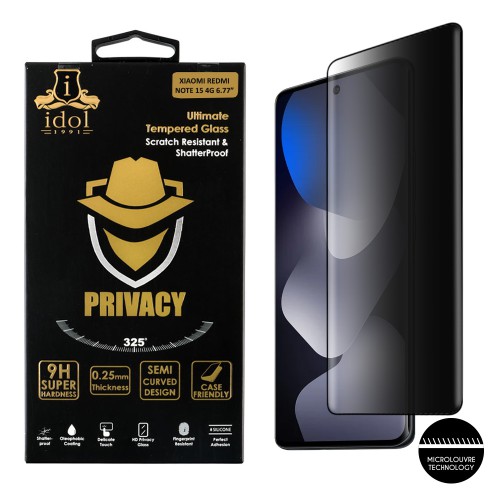 IDOL 1991 PRIVACY ANTISPY TEMPERED GLASS XIAOMI REDMI NOTE 15 4G 6.77in 9H 0.25mm 3D SEMI CURVED EDGE GLUE BLACK
