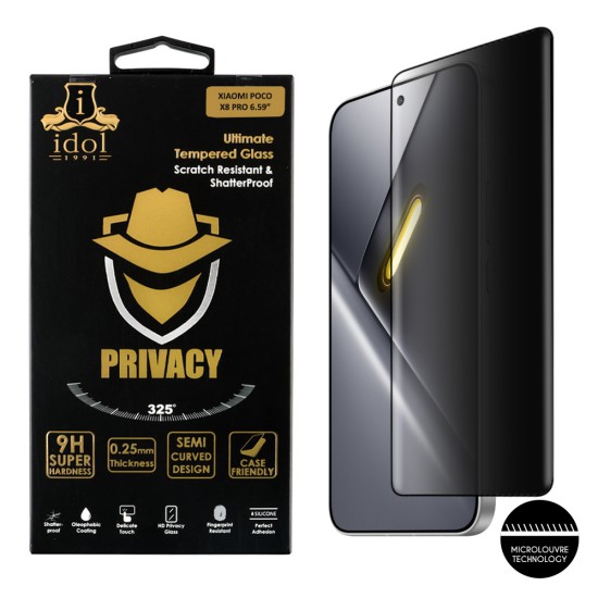 IDOL 1991 PRIVACY ANTISPY TEMPERED GLASS XIAOMI POCO X8 PRO 6.59in 9H 0.25mm SEMI CURVED FINGER UNLOCK FULL GLUE BLACK