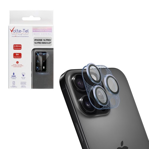 VOLTE-TEL CAMERA GLASS COVER IPHONE 16/15/14 PRO 6.3in/IPHONE 16 PRO MAX 6.9in 9H 0.30MM 3D AR NICKEL-ELECTROPLATING FRAME BLUE