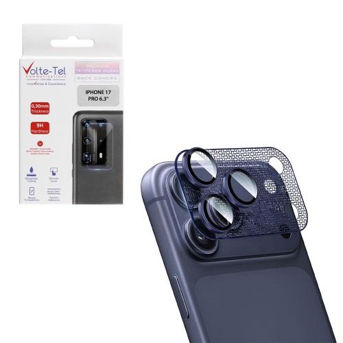 VOLTE-TEL CAMERA GLASS COVER IPHONE 17 PRO 6.3in 9H 0.30MM 3D AR NICKEL-ELECTROPLATING FRAME BLUE
