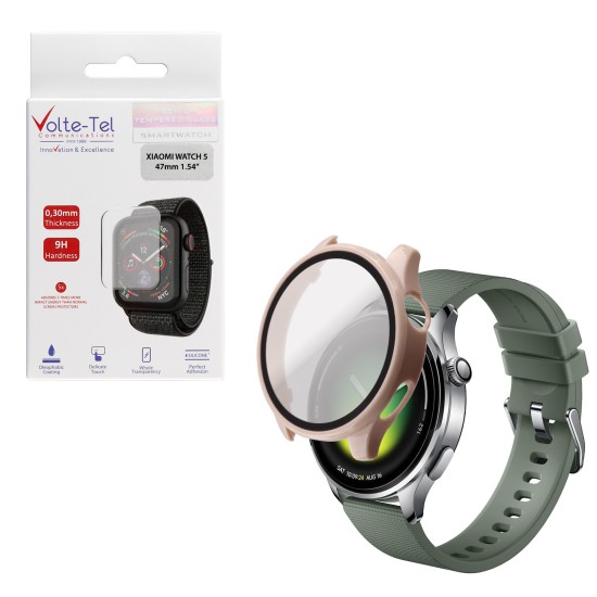VOLTE-TEL PC EDGE COVER TEMPERED GLASS XIAOMI WATCH 5 47mm 1.54in 9H 0.30mm 3D FULL GLUE FULL COVER IVORY WHITE
