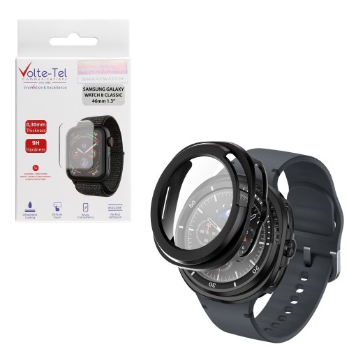VOLTE-TEL PC EDGE COVER TEMPERED GLASS SAMSUNG GALAXY WATCH 8 CLASSIC 46mm 1.3in 9H 0.30mm 3D FULL GLUE FULL COVER BLACK