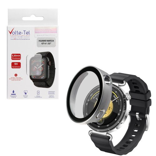 VOLTE-TEL PC EDGE COVER TEMPERED GLASS HUAWEI WATCH GT 6 41mm 1.32in 9H 0.30mm 3D FULL GLUE FULL COVER SILVER