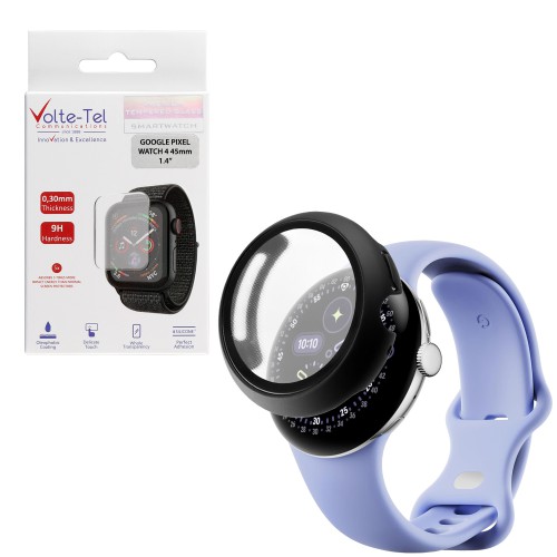 VOLTE-TEL PC EDGE COVER TEMPERED GLASS GOOGLE PIXEL WATCH 4 45mm 1.4in 9H 0.30mm 3D FULL GLUE FULL COVER BLACK