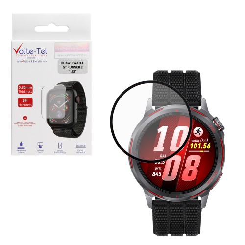 VOLTE-TEL PLEXI TEMPERED GLASS HUAWEI WATCH GT RUNNER 2 43.5mm 3D EDGE 1.32in 0.30mm FULL GLUE FULL COVER BLACK