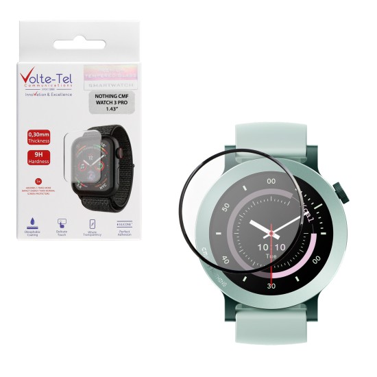 VOLTE-TEL PLEXI TEMPERED GLASS NOTHING CMF WATCH 3 PRO 47MM 3D EDGE 1.43in 0.30mm FULL GLUE FULL COVER BLACK