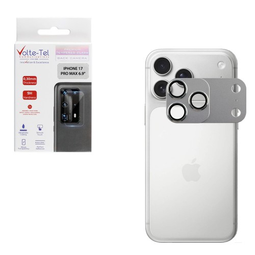 VOLTE-TEL CAMERA GLASS COVER IPHONE 17 PRO MAX 6.9in 9H 0.30MM 3D AR ALUMINIUM-ELECTROPLATING FRAME - MAGNETIC SILVER