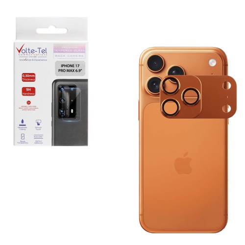 VOLTE-TEL CAMERA GLASS COVER IPHONE 17 PRO MAX 6.9in 9H 0.30MM 3D AR ALUMINIUM-ELECTROPLATING FRAME - MAGNETIC ORANGE
