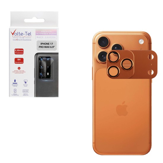 VOLTE-TEL CAMERA GLASS COVER IPHONE 17 PRO MAX 6.9in 9H 0.30MM 3D AR ALUMINIUM-ELECTROPLATING FRAME - MAGNETIC ORANGE
