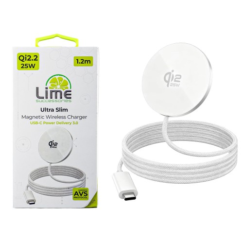 LIME ΑΣΥΡΜΑΤΟΣ ΦΟΡΤΙΣΤΗΣ MAGSAFE 25W QI2.2 LWM25W AVS ULTRA SLIM ΜΑΓΝΗΤΙΚΟΣ ΜΕ ΚΑΛΩΔΙΟ USB-C ΑΛΟΥΜΙΝΙΟΥ 1.2m WHITE