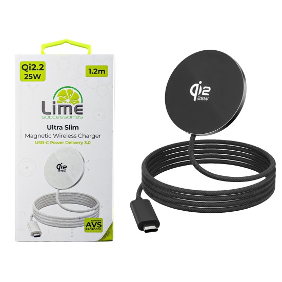 LIME ΑΣΥΡΜΑΤΟΣ ΦΟΡΤΙΣΤΗΣ MAGSAFE 25W QI2.2 LWM25W AVS ULTRA SLIM ΜΑΓΝΗΤΙΚΟΣ ΜΕ ΚΑΛΩΔΙΟ USB-C ΑΛΟΥΜΙΝΙΟΥ 1.2m BLACK