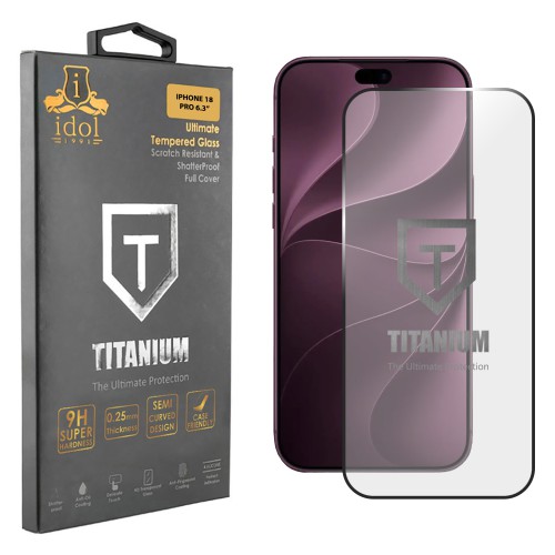 IDOL 1991 TITANIUM TEMPERED GLASS IPHONE 18 PRO 6.3in 9H 0.25mm SEMI CURVED FINGER UNLOCK FULL GLUE BLACK