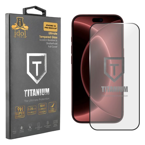 IDOL 1991 TITANIUM TEMPERED GLASS IPHONE 18 PRO MAX 6.9in 9H 0.25mm SEMI CURVED FINGER UNLOCK FULL GLUE BLACK