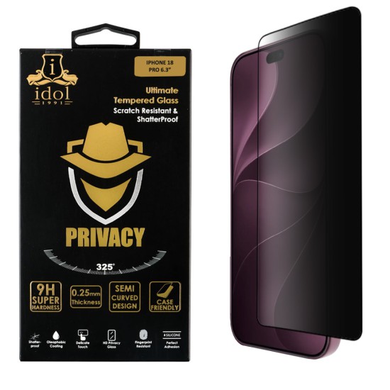 IDOL 1991 PRIVACY ANTISPY TEMPERED GLASS IPHONE 18 PRO 6.3in 9H 0.25mm SEMI CURVED FULL GLUE BLACK