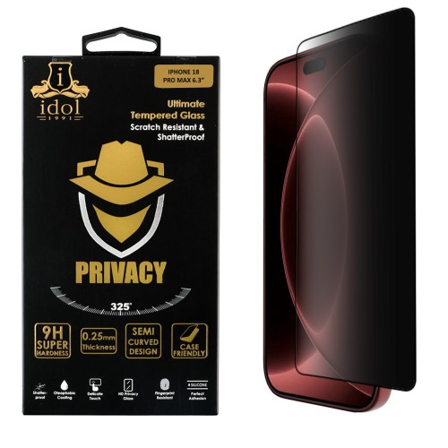 IDOL 1991 PRIVACY ANTISPY TEMPERED GLASS IPHONE 18 PRO MAX 6.9in 9H 0.25mm SEMI CURVED FULL GLUE BLACK
