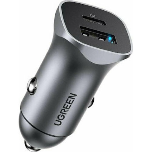 Ugreen Φορτιστής Αυτοκινήτου 30W 3A Γρήγορης Φόρτισης με Θύρες: 2xUSB Γκρι Χρώμα