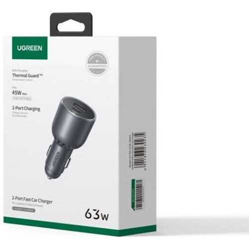 Ugreen Φορτιστής Αυτοκινήτου 63W με Θύρες: 1xUSB 1xType-C Μαύρο Χρώμα