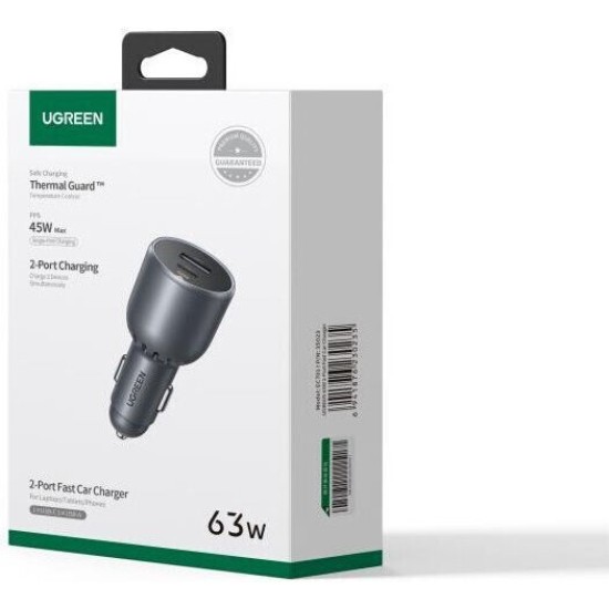 Ugreen Φορτιστής Αυτοκινήτου 63W με Θύρες: 1xUSB 1xType-C Μαύρο Χρώμα