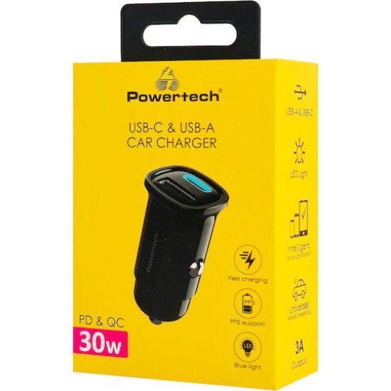 Powertech Φορτιστής Αυτοκινήτου 30W 2.4A Γρήγορης Φόρτισης με Θύρες: 1xUSB 1xType-C Μαύρο Χρώμα