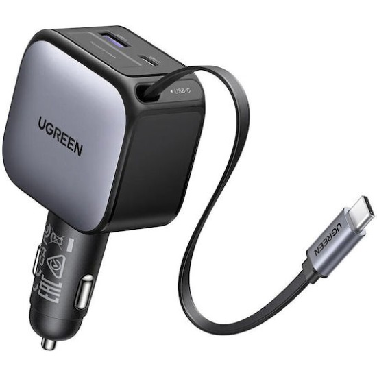 Ugreen Φορτιστής Αυτοκινήτου 60W 3A Γρήγορης Φόρτισης με Θύρες: 1xUSB 1xType-C μαζί με Καλώδιο Ενσωματωμένο Γκρι Χρώμα